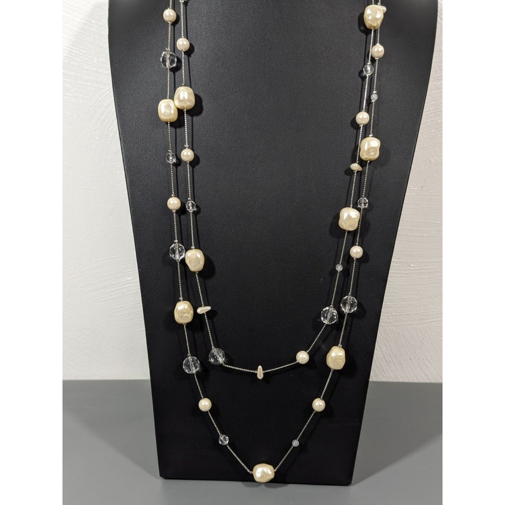 Beachy Boho White Faux Pearl Station Chain Very Long Necklace Silver Tone‎ 66"